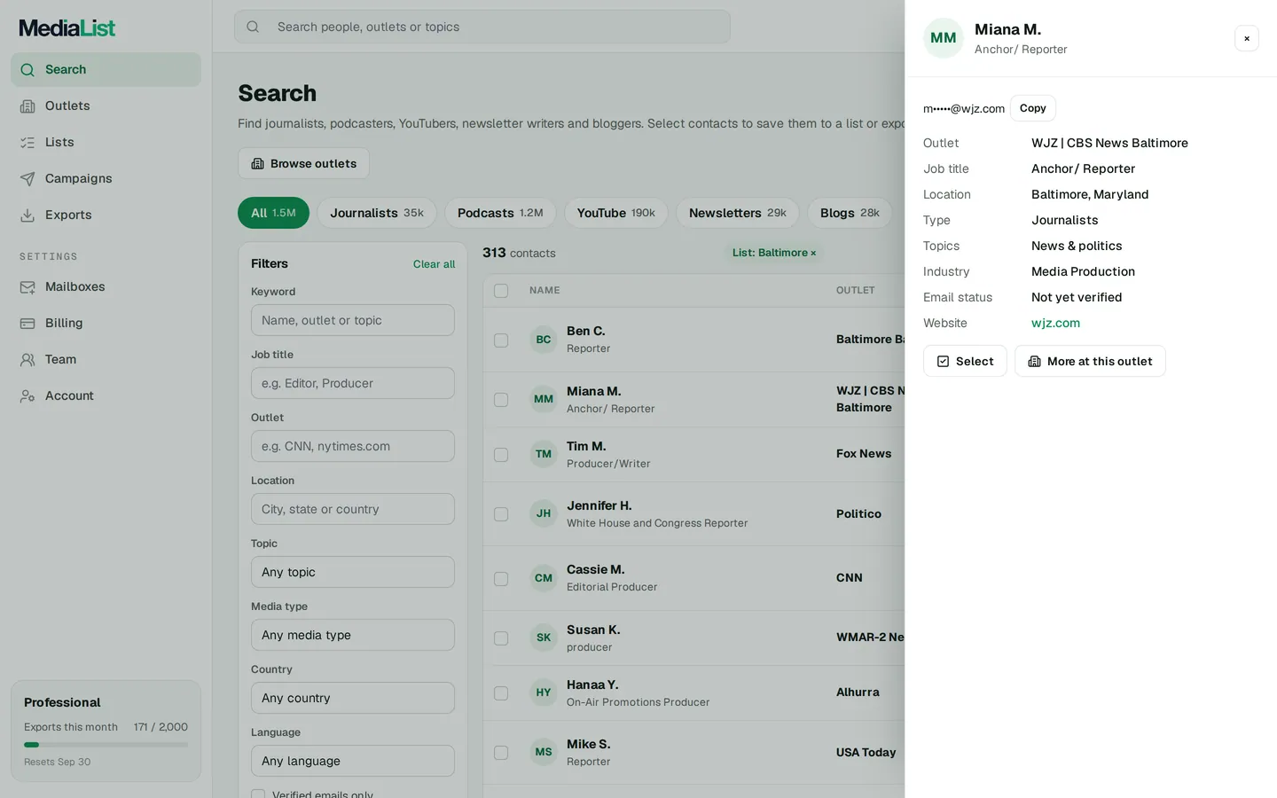 A contact opened in Media List, showing details and an unlocked email