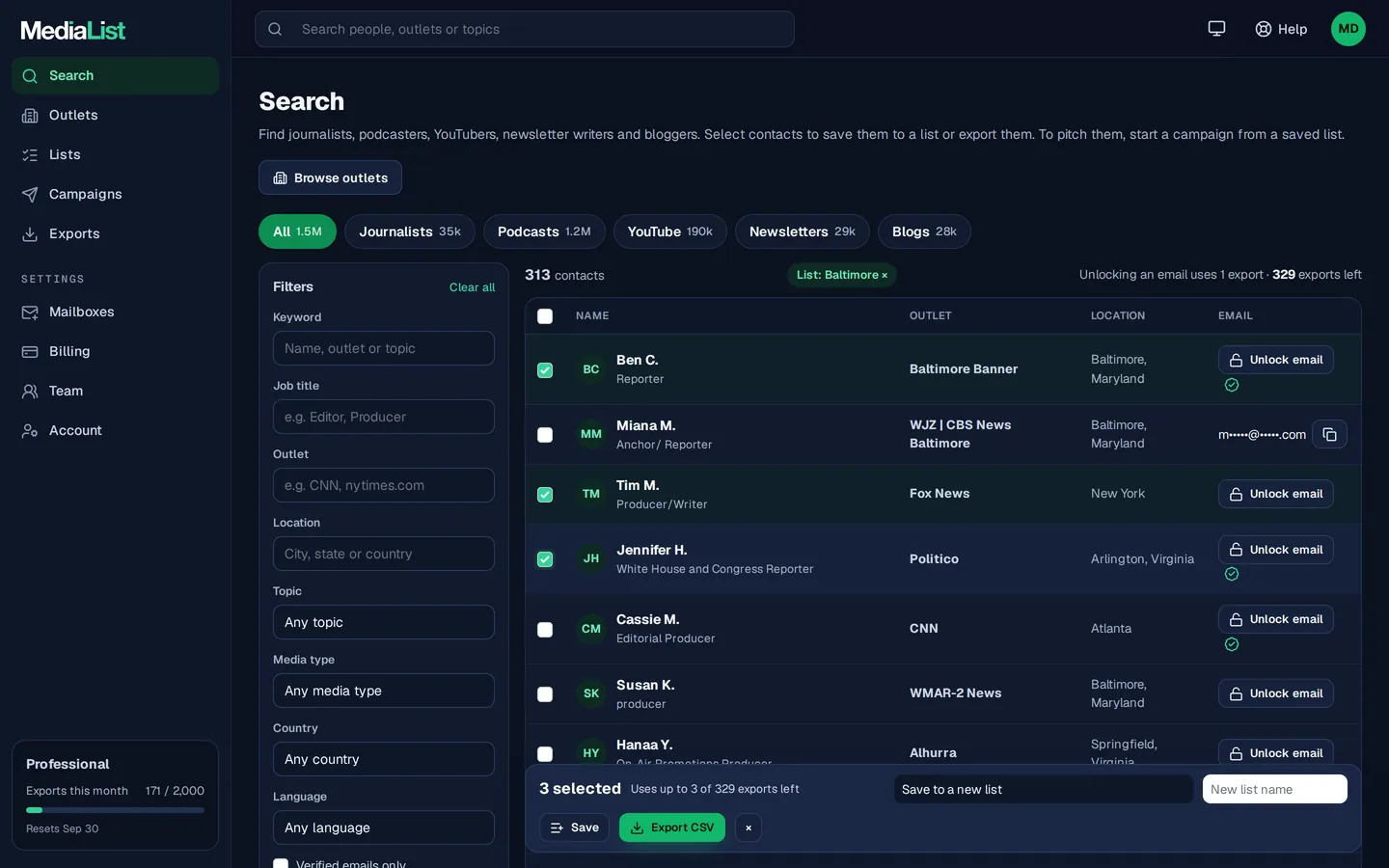 Media List search results with filters, showing contacts and verified emails