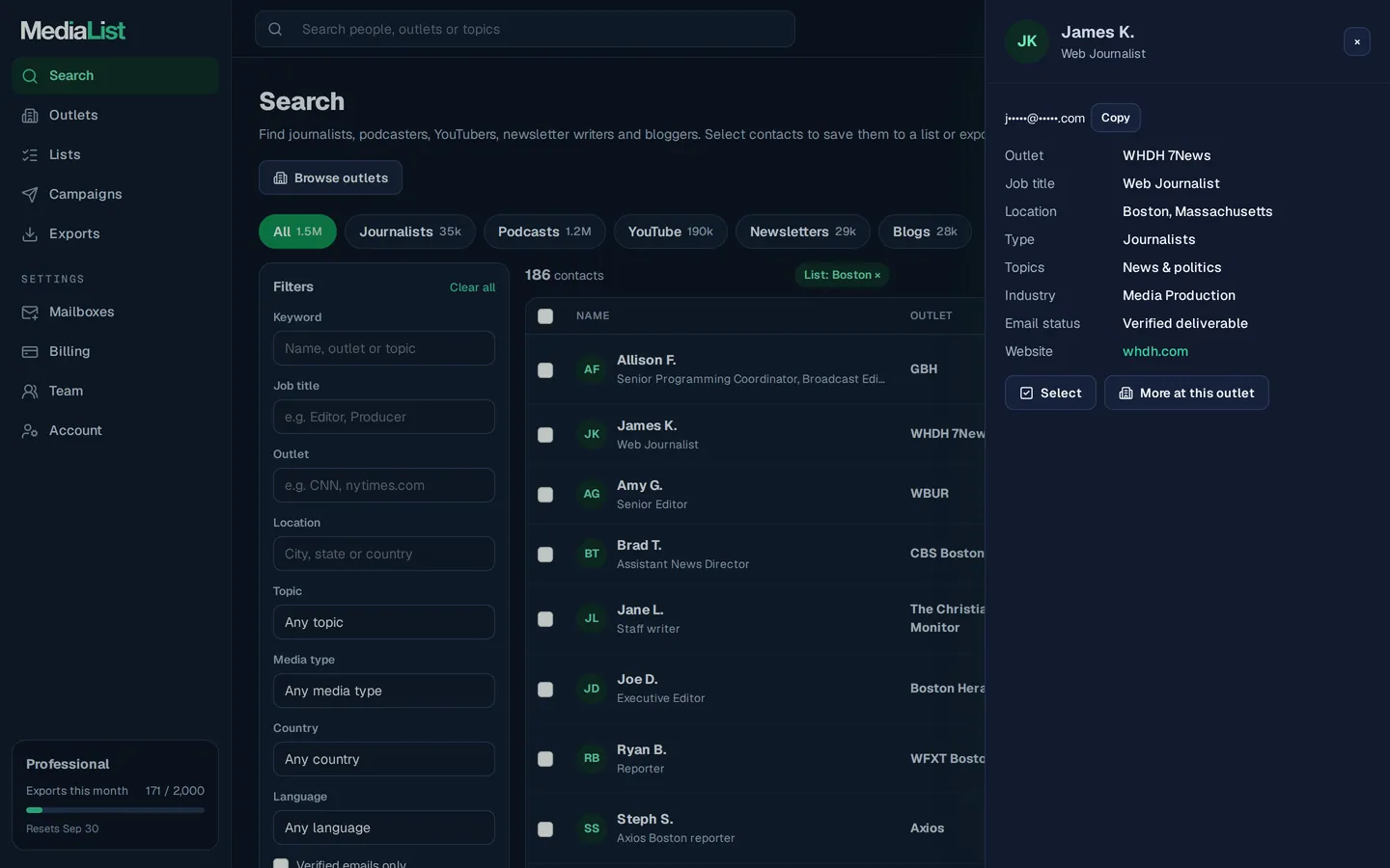 A contact opened in Media List, showing details and an unlocked email