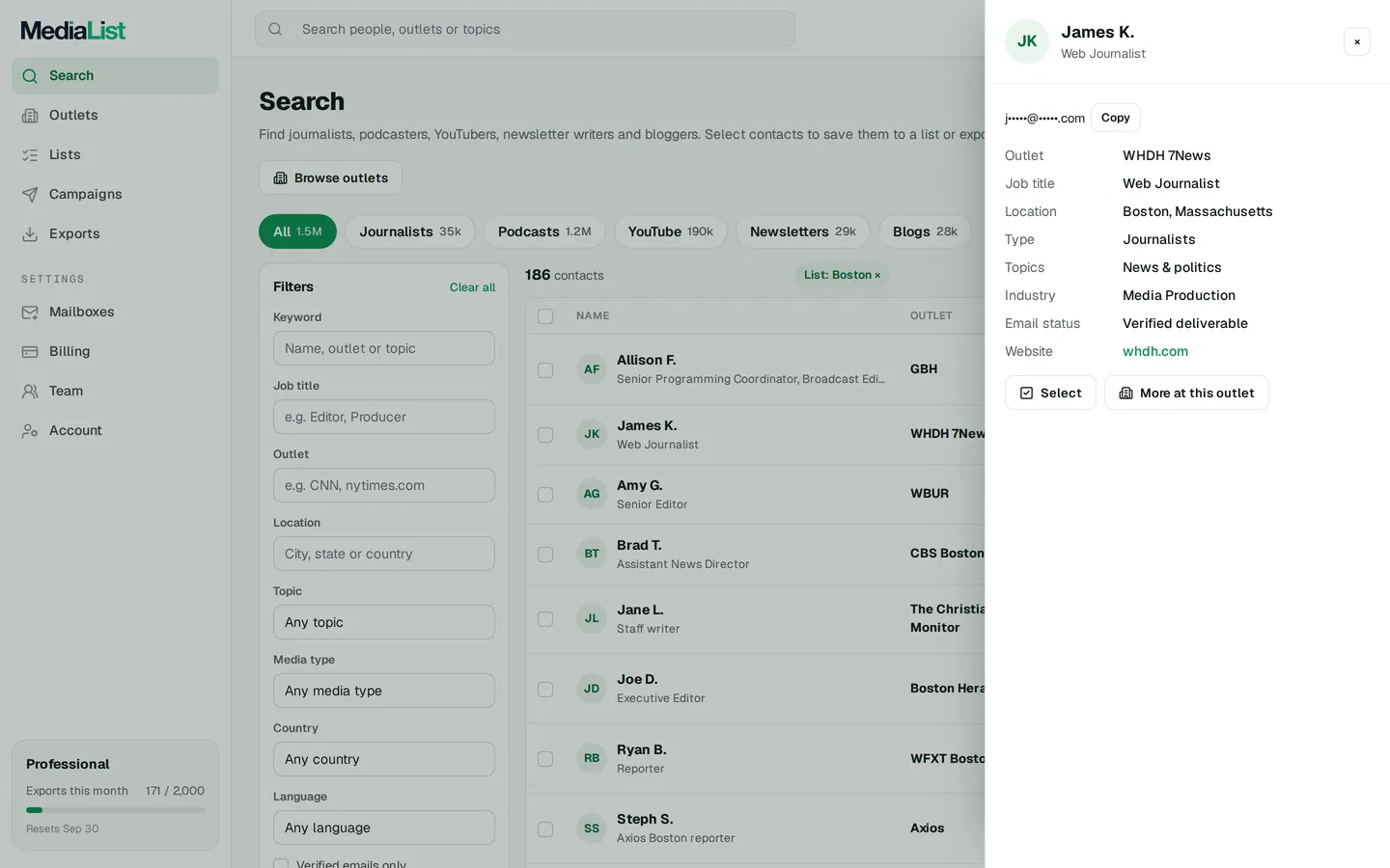 A contact opened in Media List, showing details and an unlocked email