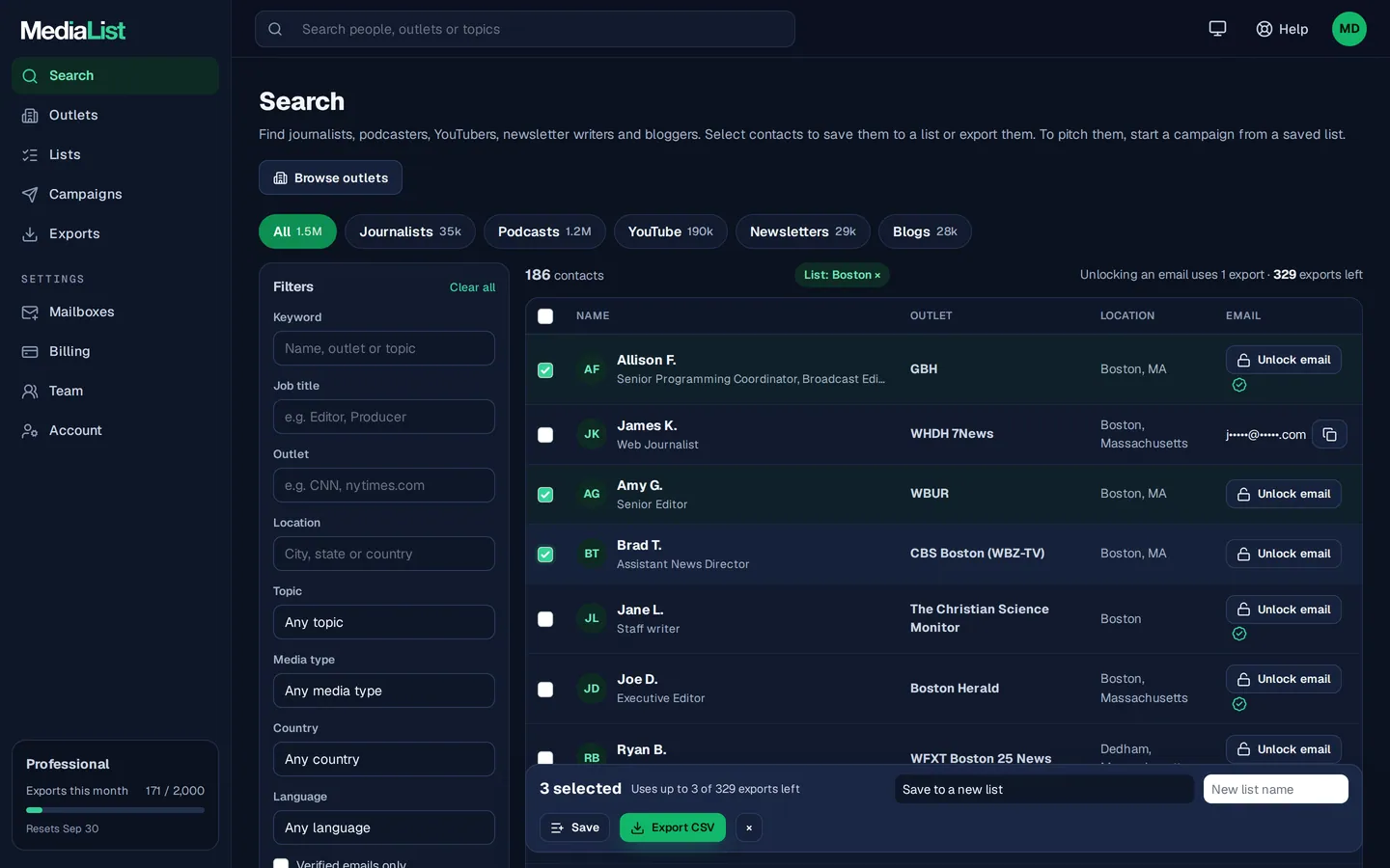 Media List search results with filters, showing contacts and verified emails