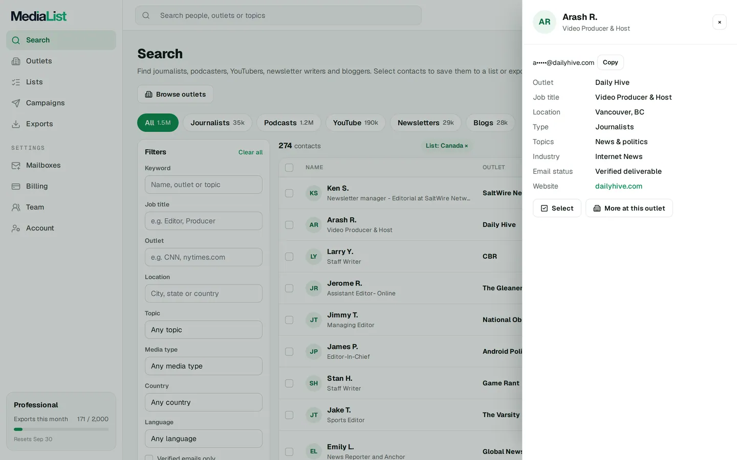 A contact opened in Media List, showing details and an unlocked email