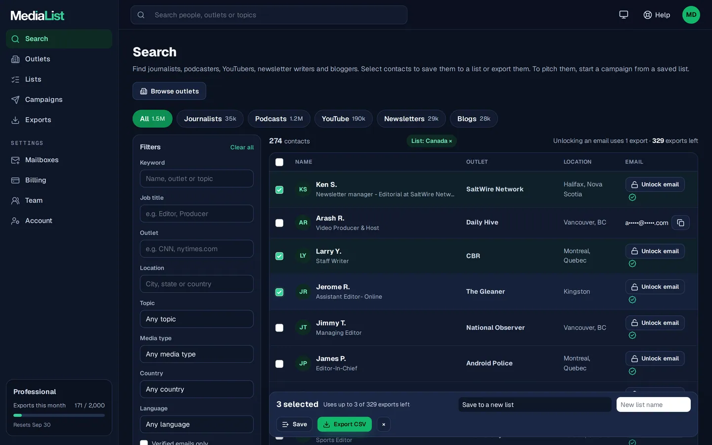 Media List search results with filters, showing contacts and verified emails