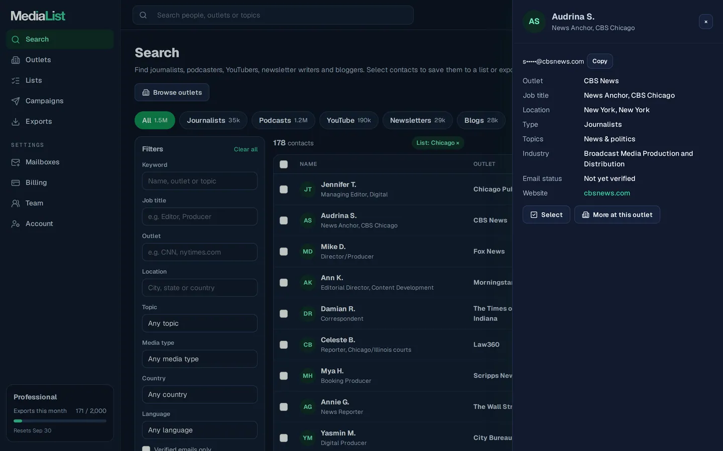A contact opened in Media List, showing details and an unlocked email