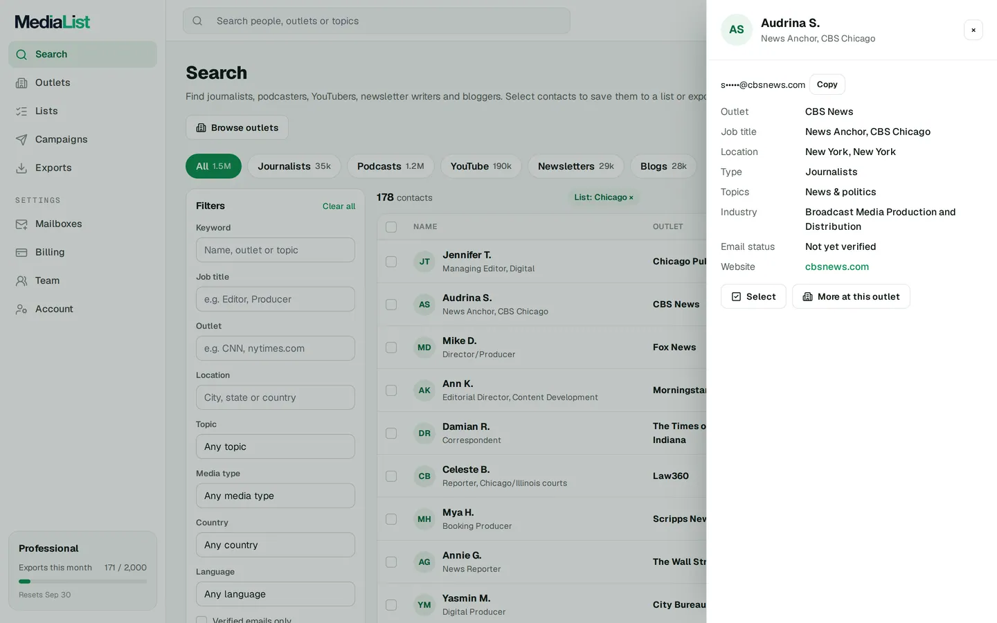 A contact opened in Media List, showing details and an unlocked email