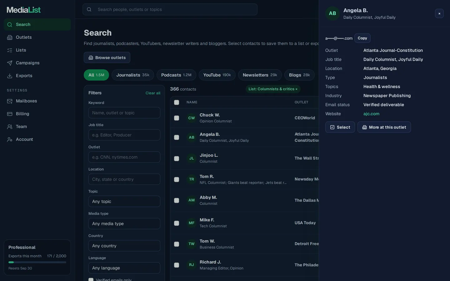 A contact opened in Media List, showing details and an unlocked email