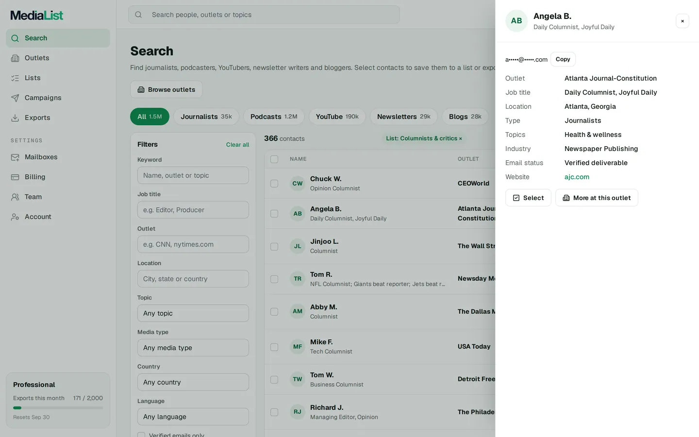 A contact opened in Media List, showing details and an unlocked email