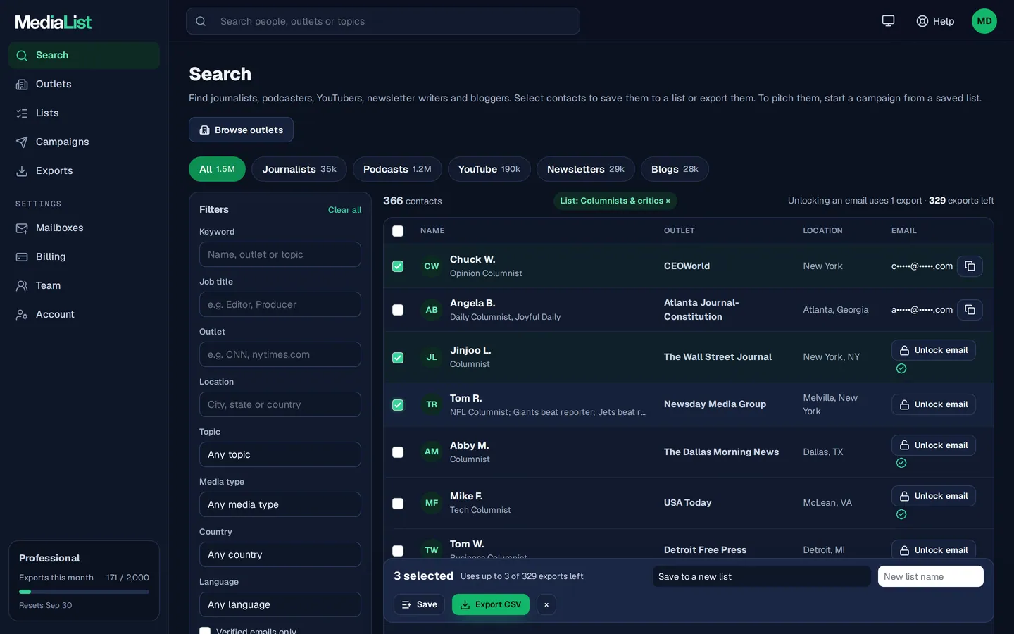 Media List search results with filters, showing contacts and verified emails