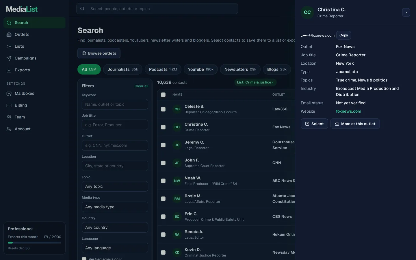 A contact opened in Media List, showing details and an unlocked email