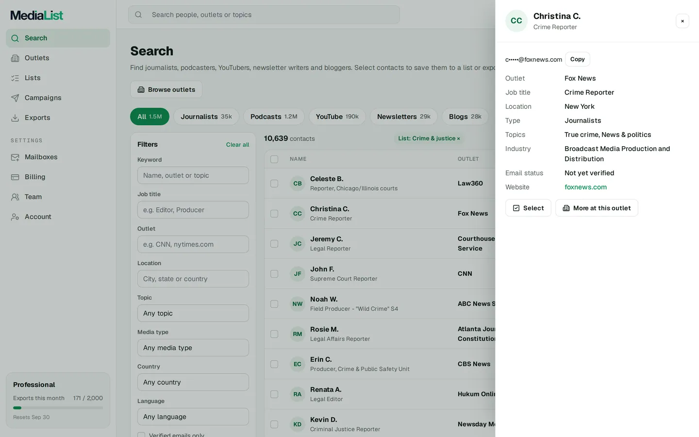 A contact opened in Media List, showing details and an unlocked email
