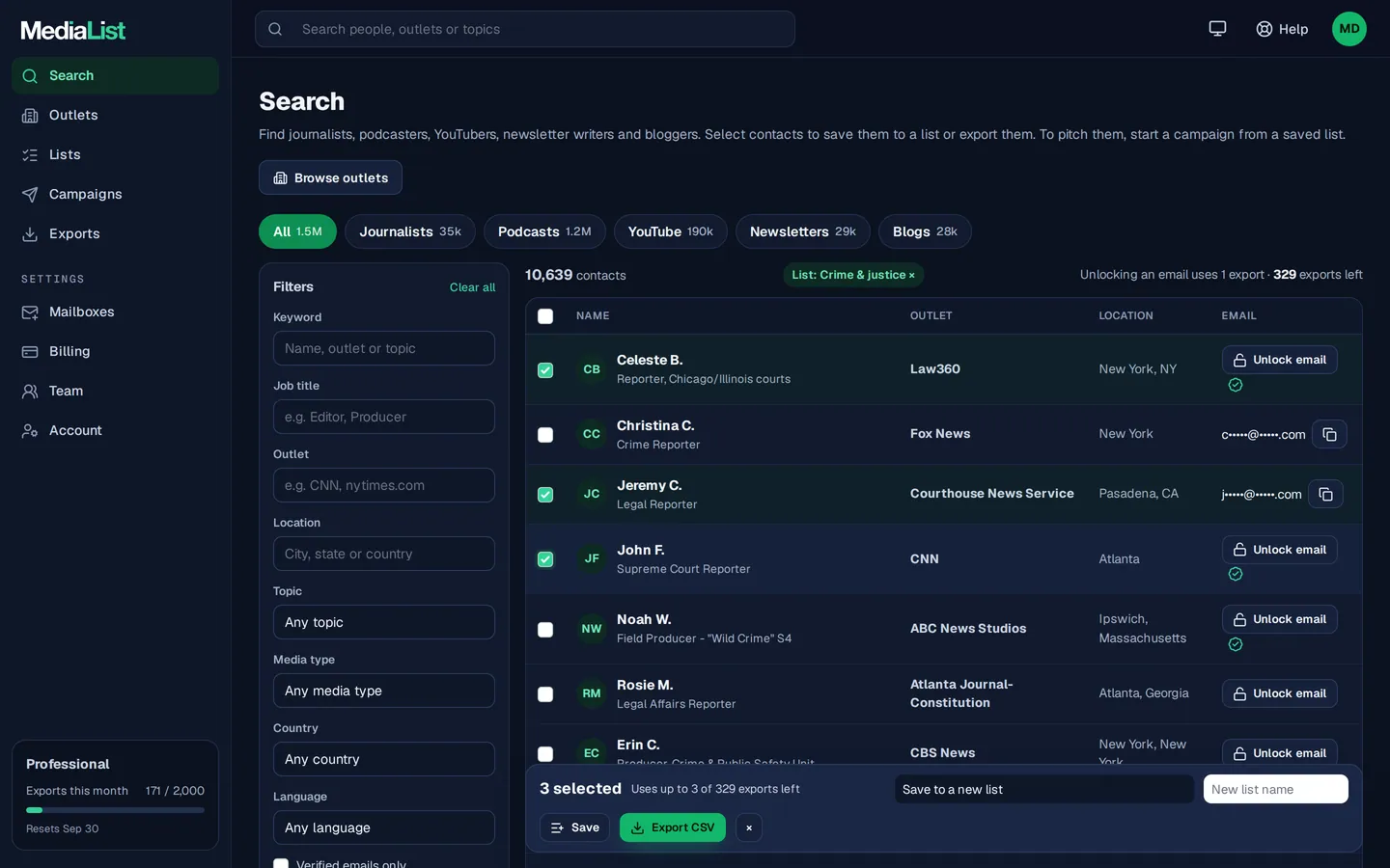 Media List search results with filters, showing contacts and verified emails
