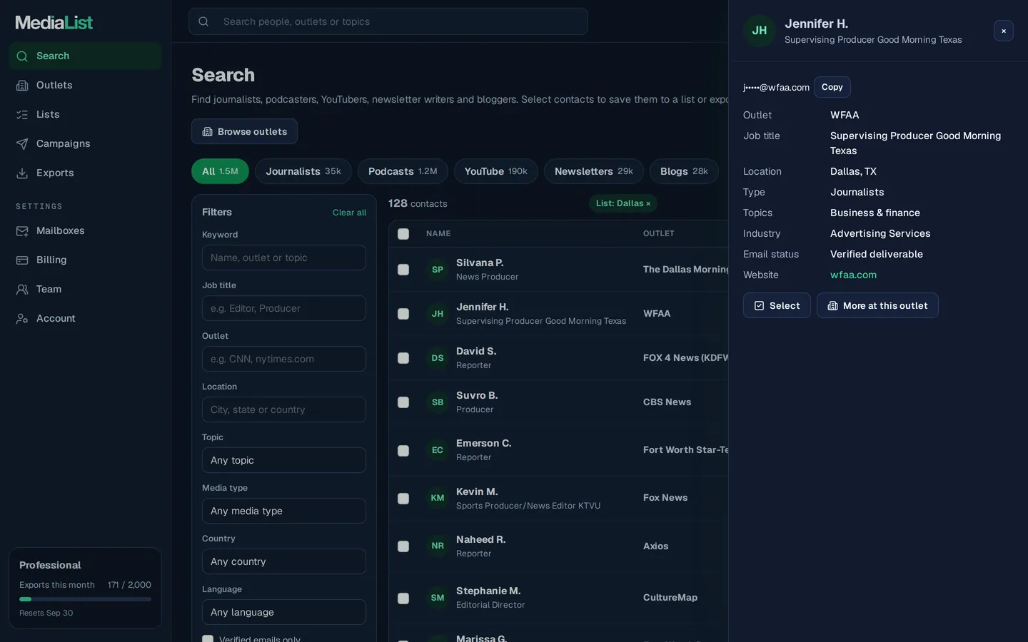 A contact opened in Media List, showing details and an unlocked email