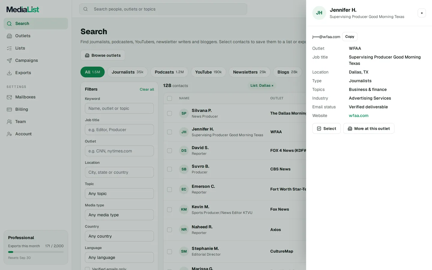 A contact opened in Media List, showing details and an unlocked email