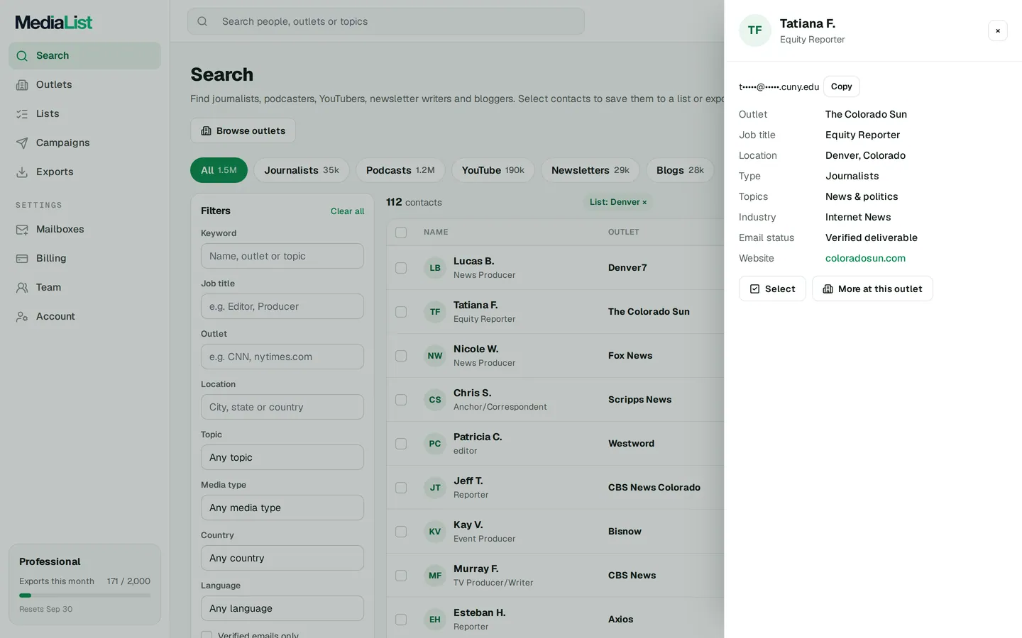 A contact opened in Media List, showing details and an unlocked email