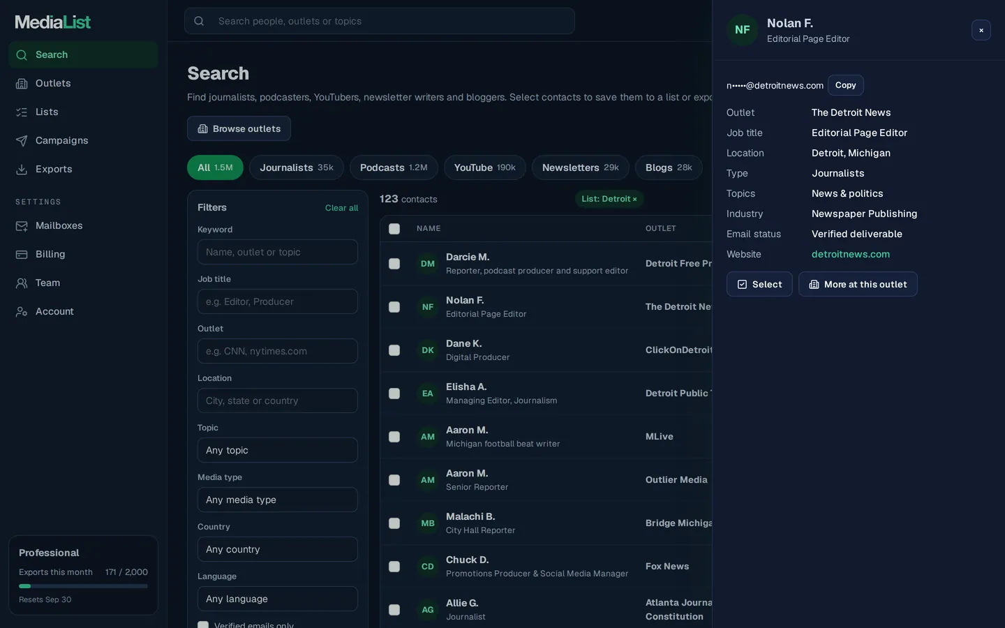 A contact opened in Media List, showing details and an unlocked email