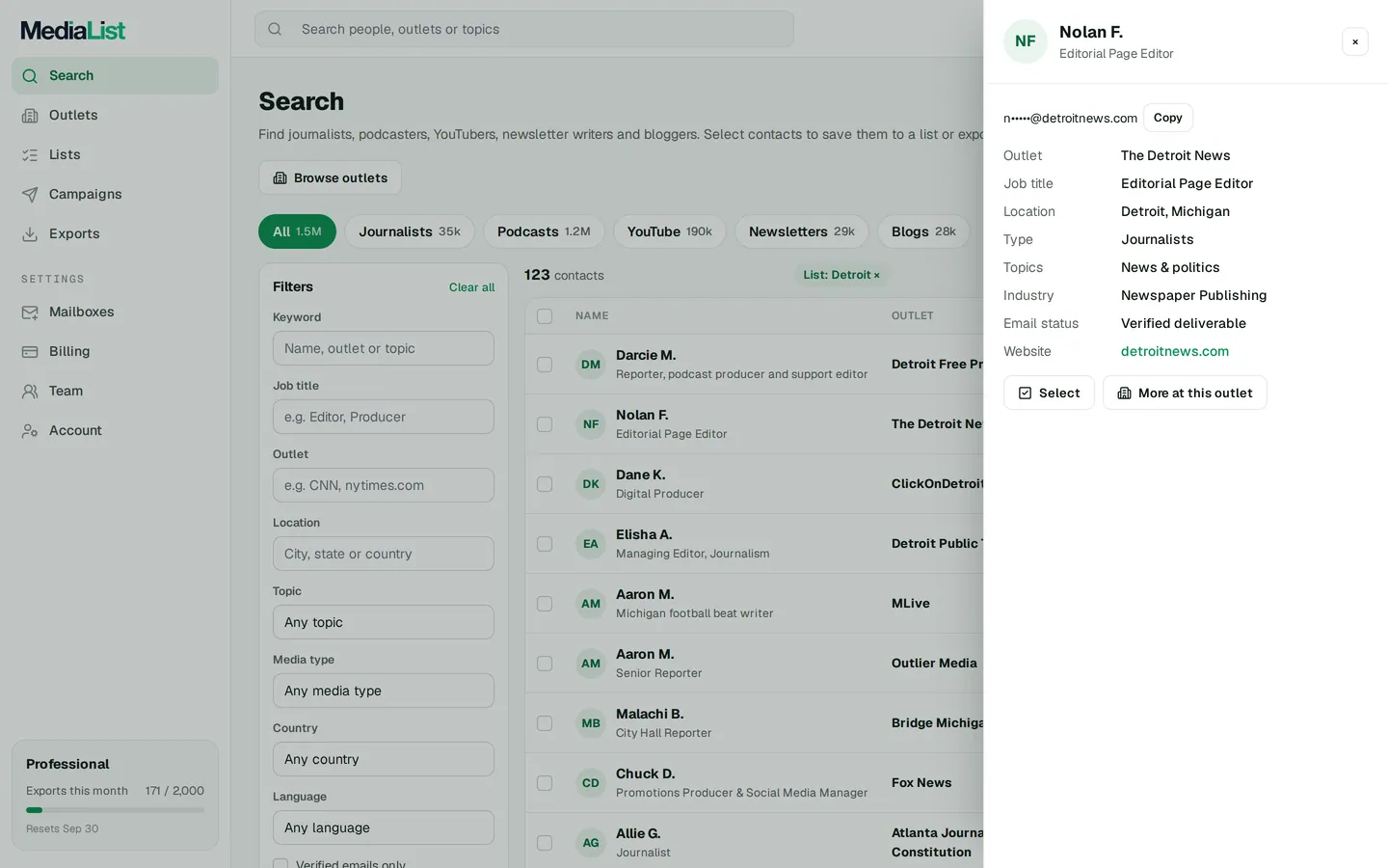 A contact opened in Media List, showing details and an unlocked email