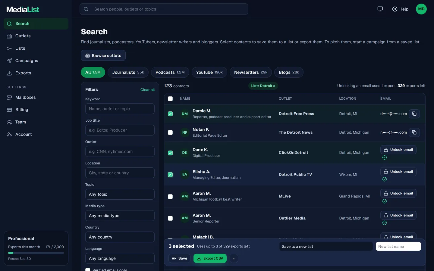 Media List search results with filters, showing contacts and verified emails