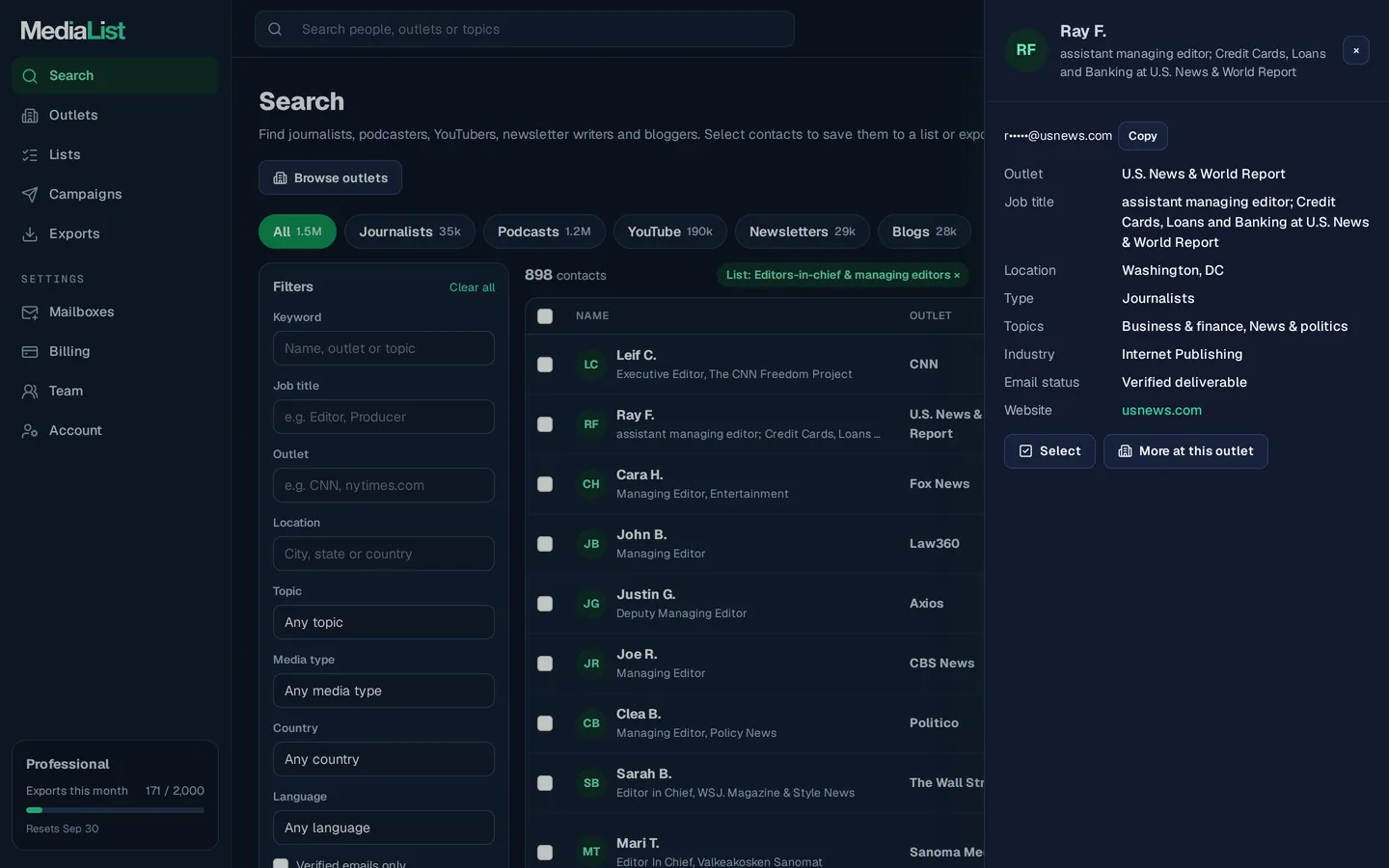A contact opened in Media List, showing details and an unlocked email