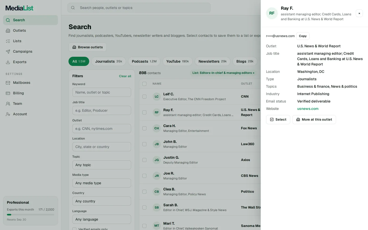 A contact opened in Media List, showing details and an unlocked email