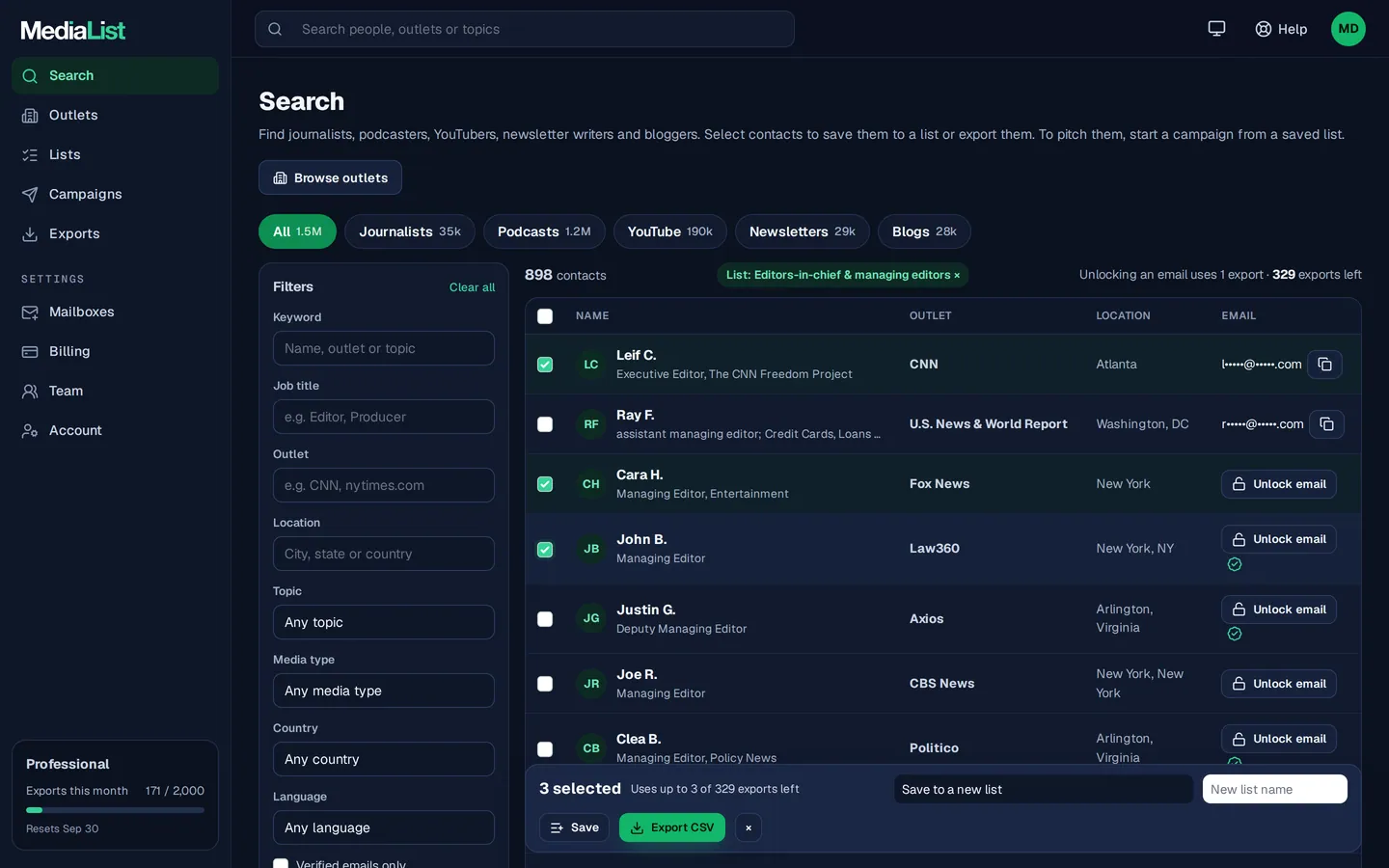 Media List search results with filters, showing contacts and verified emails