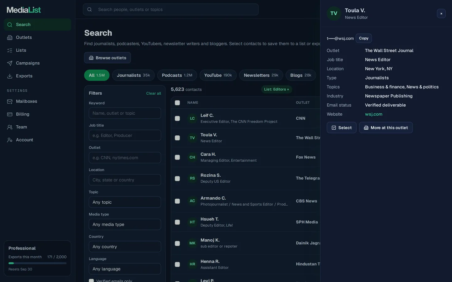 A contact opened in Media List, showing details and an unlocked email