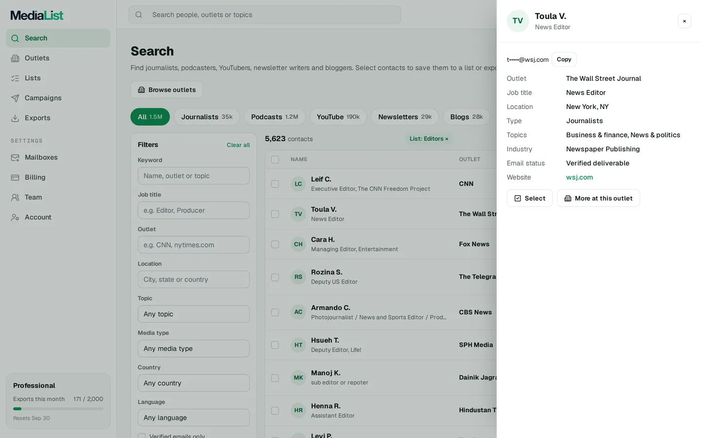 A contact opened in Media List, showing details and an unlocked email