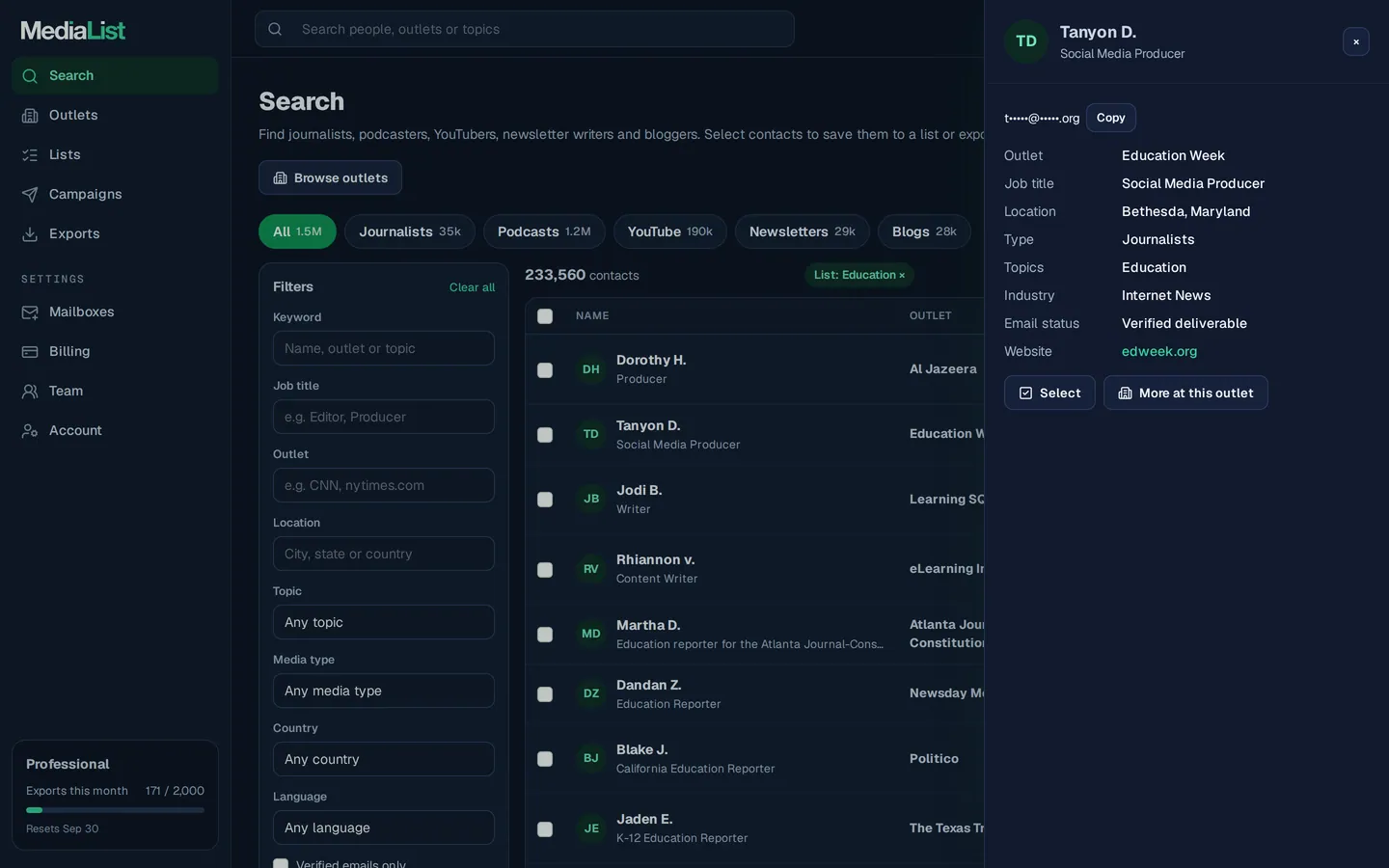 A contact opened in Media List, showing details and an unlocked email