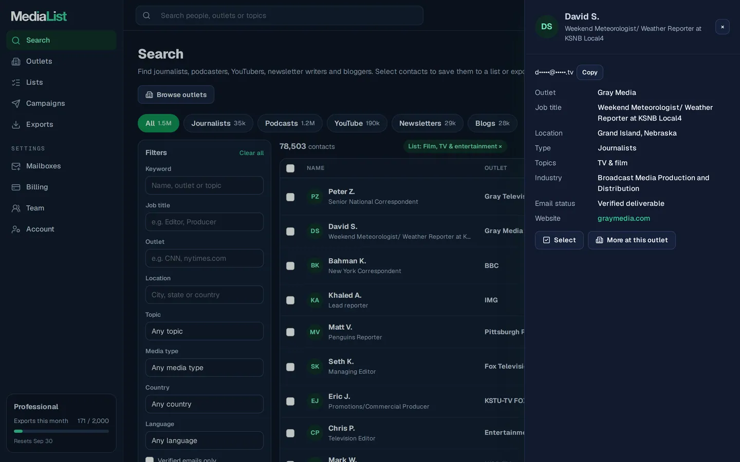 A contact opened in Media List, showing details and an unlocked email
