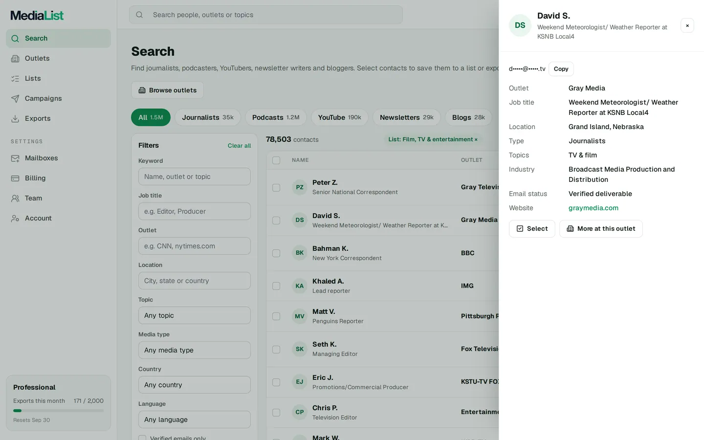 A contact opened in Media List, showing details and an unlocked email