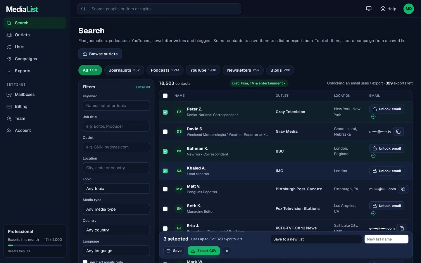 Media List search results with filters, showing contacts and verified emails