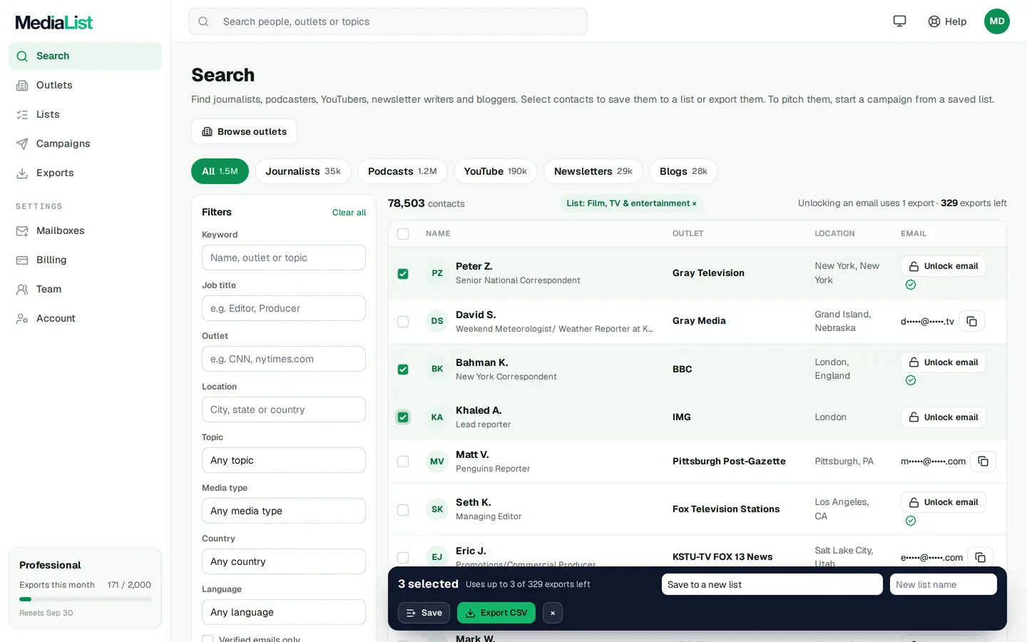 Media List search results with filters, showing contacts and verified emails