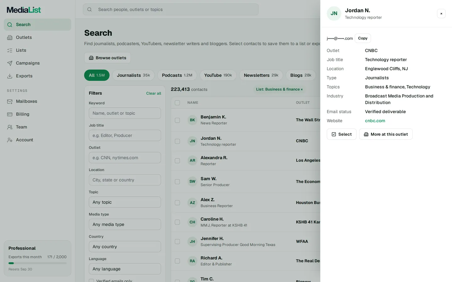 A contact opened in Media List, showing details and an unlocked email