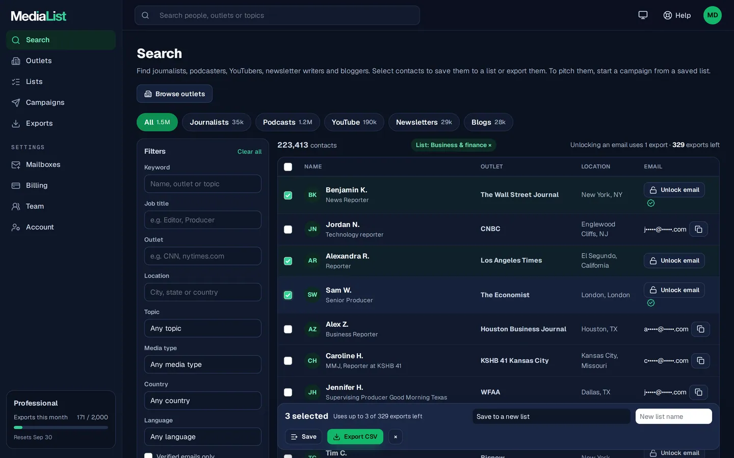 Media List search results with filters, showing contacts and verified emails