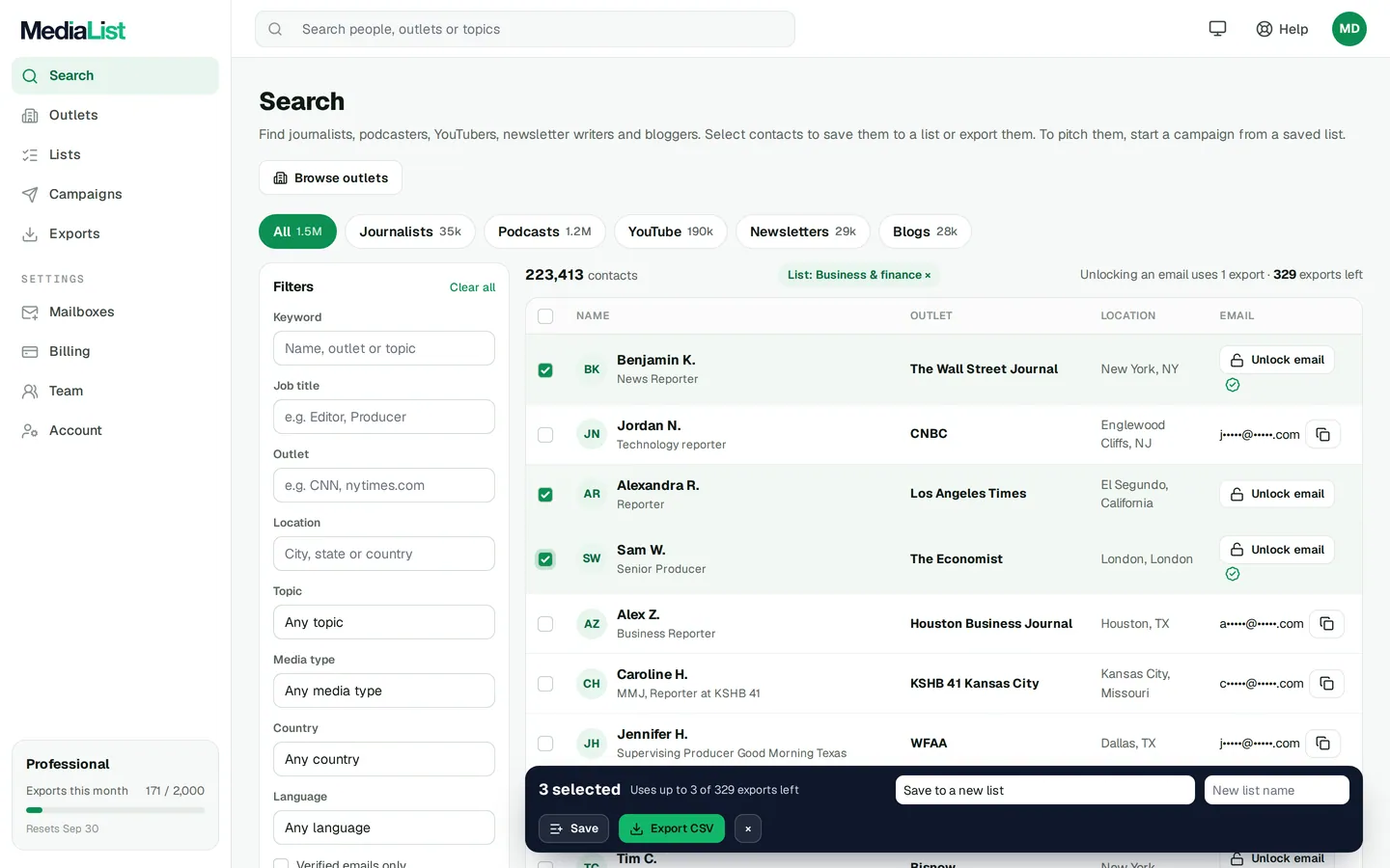 Media List search results with filters, showing contacts and verified emails