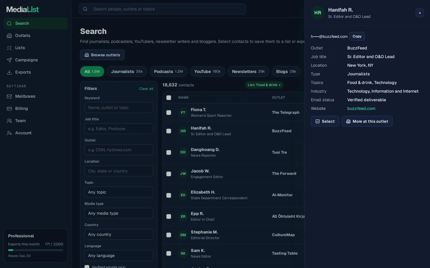 A contact opened in Media List, showing details and an unlocked email