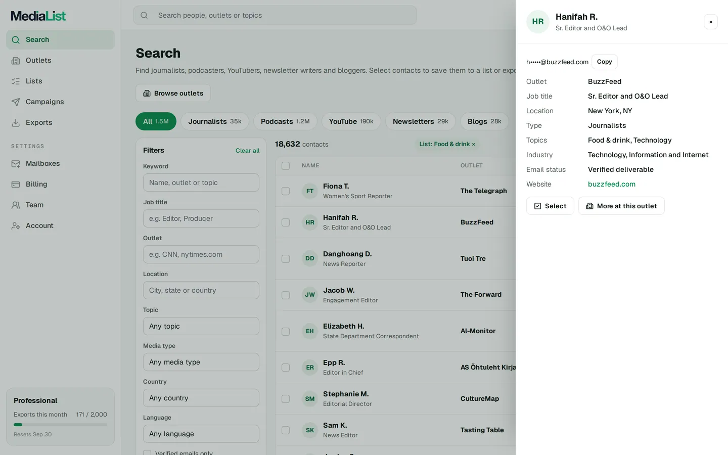 A contact opened in Media List, showing details and an unlocked email
