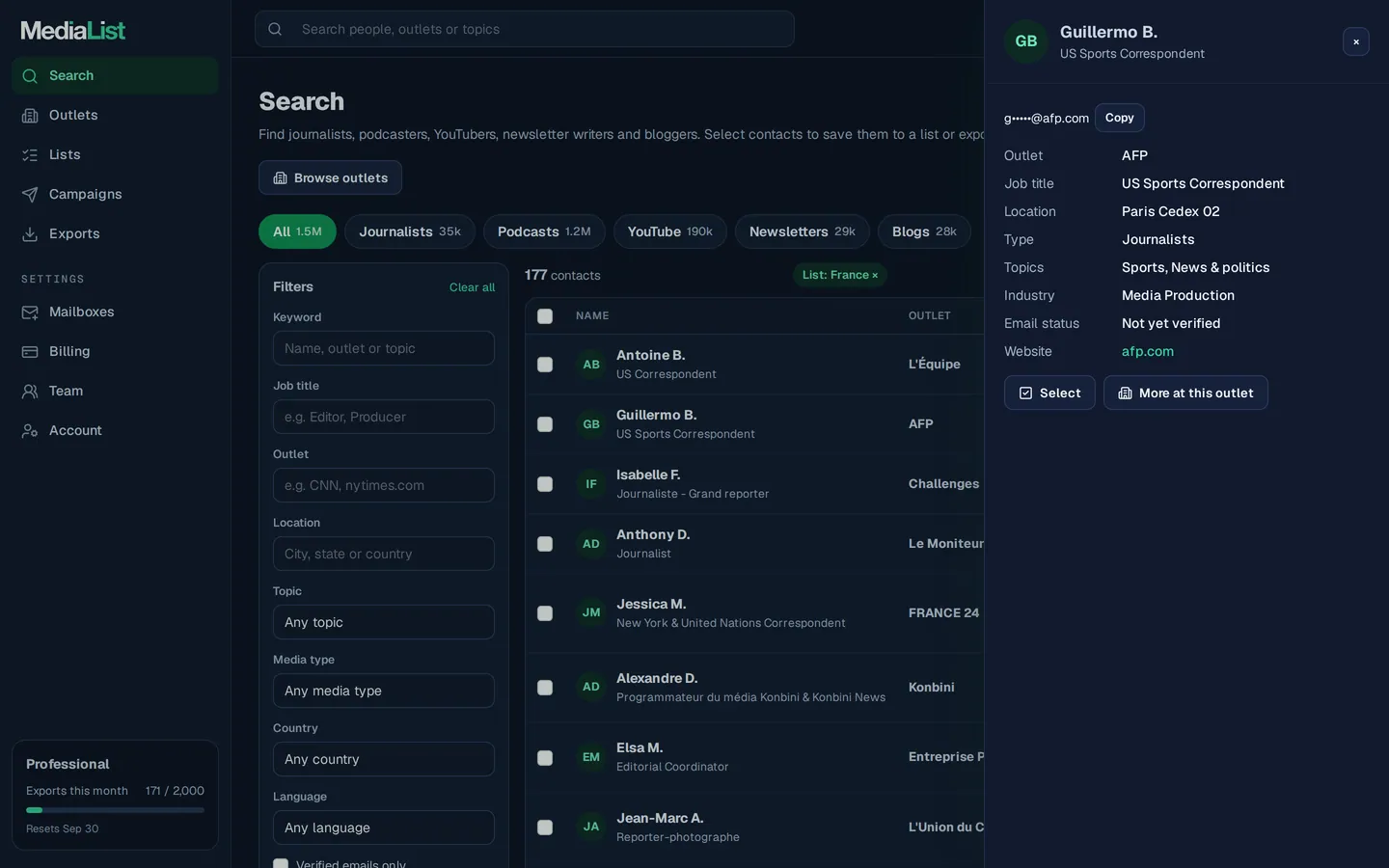 A contact opened in Media List, showing details and an unlocked email