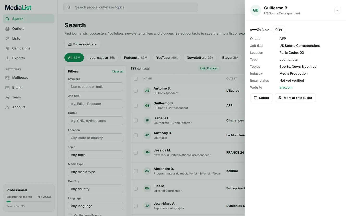 A contact opened in Media List, showing details and an unlocked email