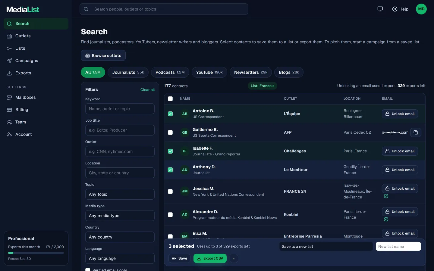 Media List search results with filters, showing contacts and verified emails