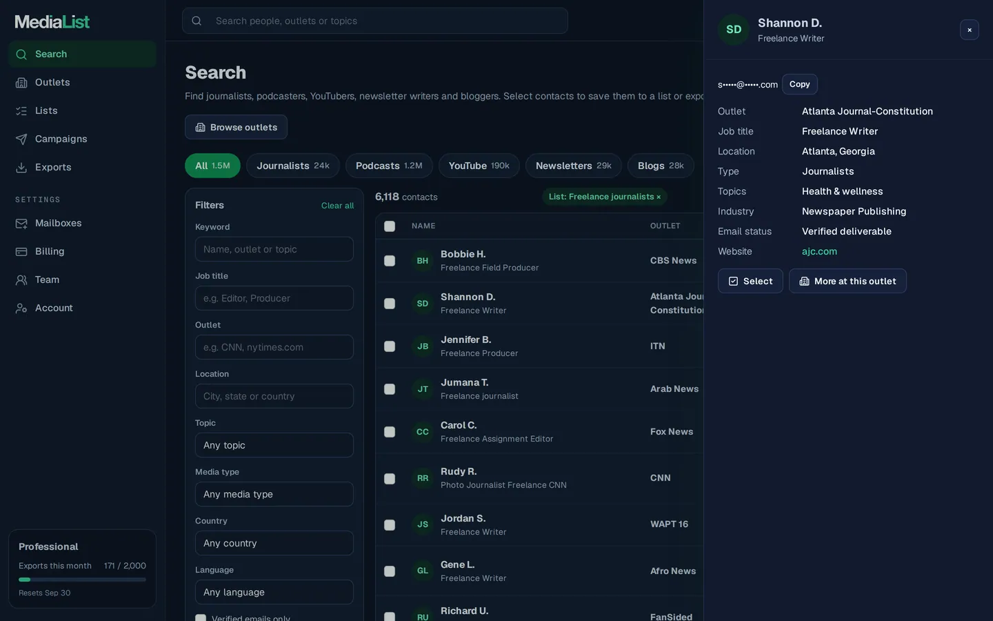 A contact opened in Media List, showing details and an unlocked email