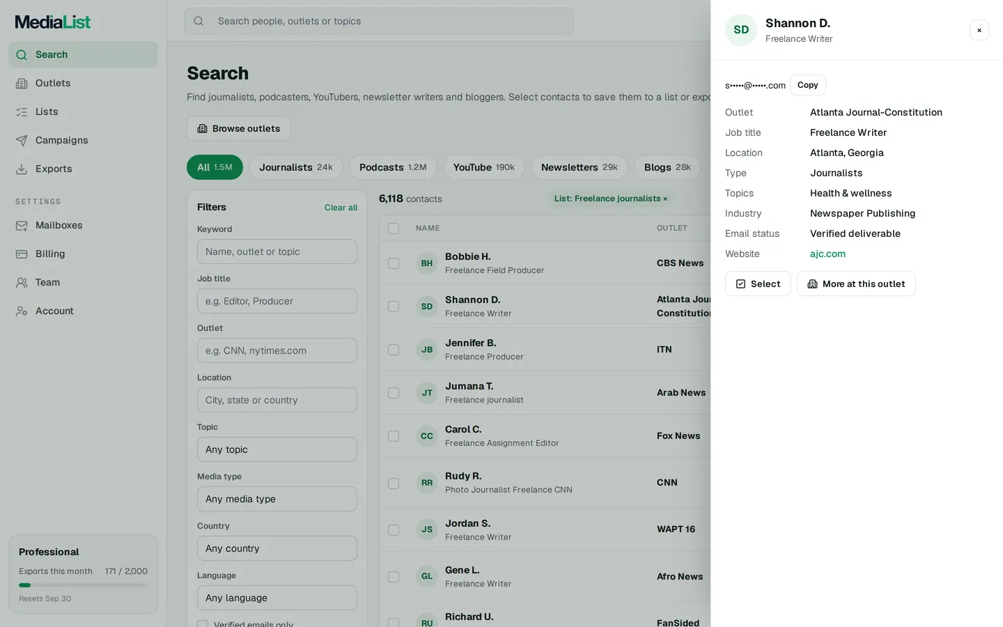 A contact opened in Media List, showing details and an unlocked email