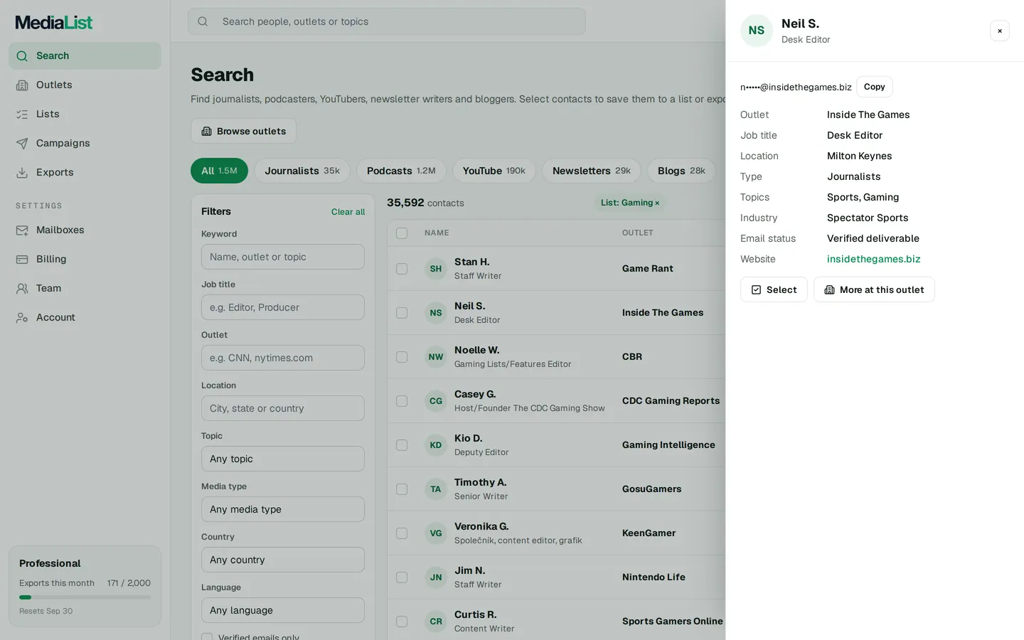 A contact opened in Media List, showing details and an unlocked email