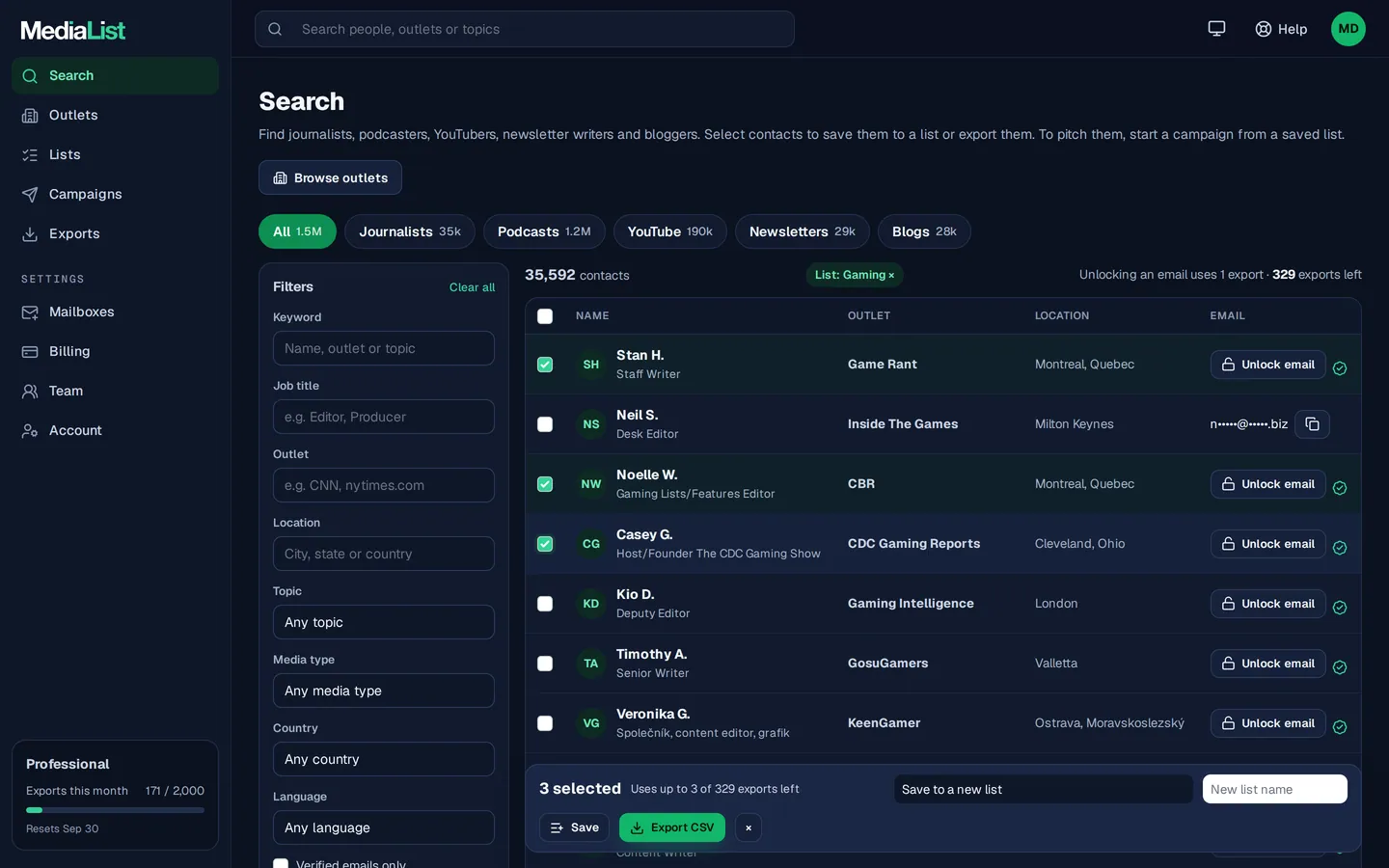 Media List search results with filters, showing contacts and verified emails