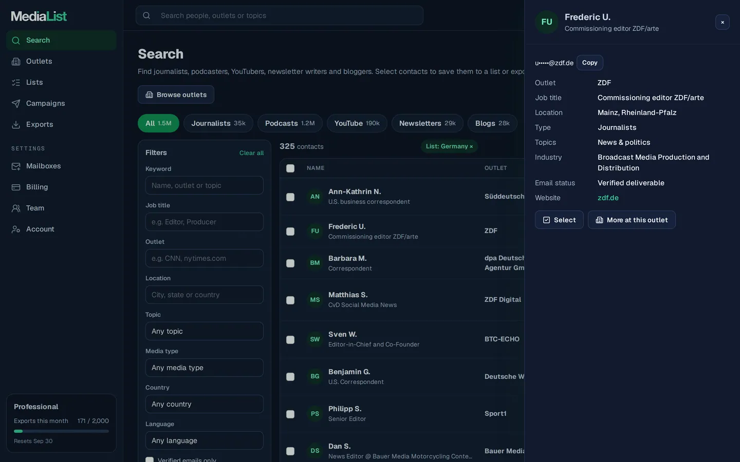 A contact opened in Media List, showing details and an unlocked email