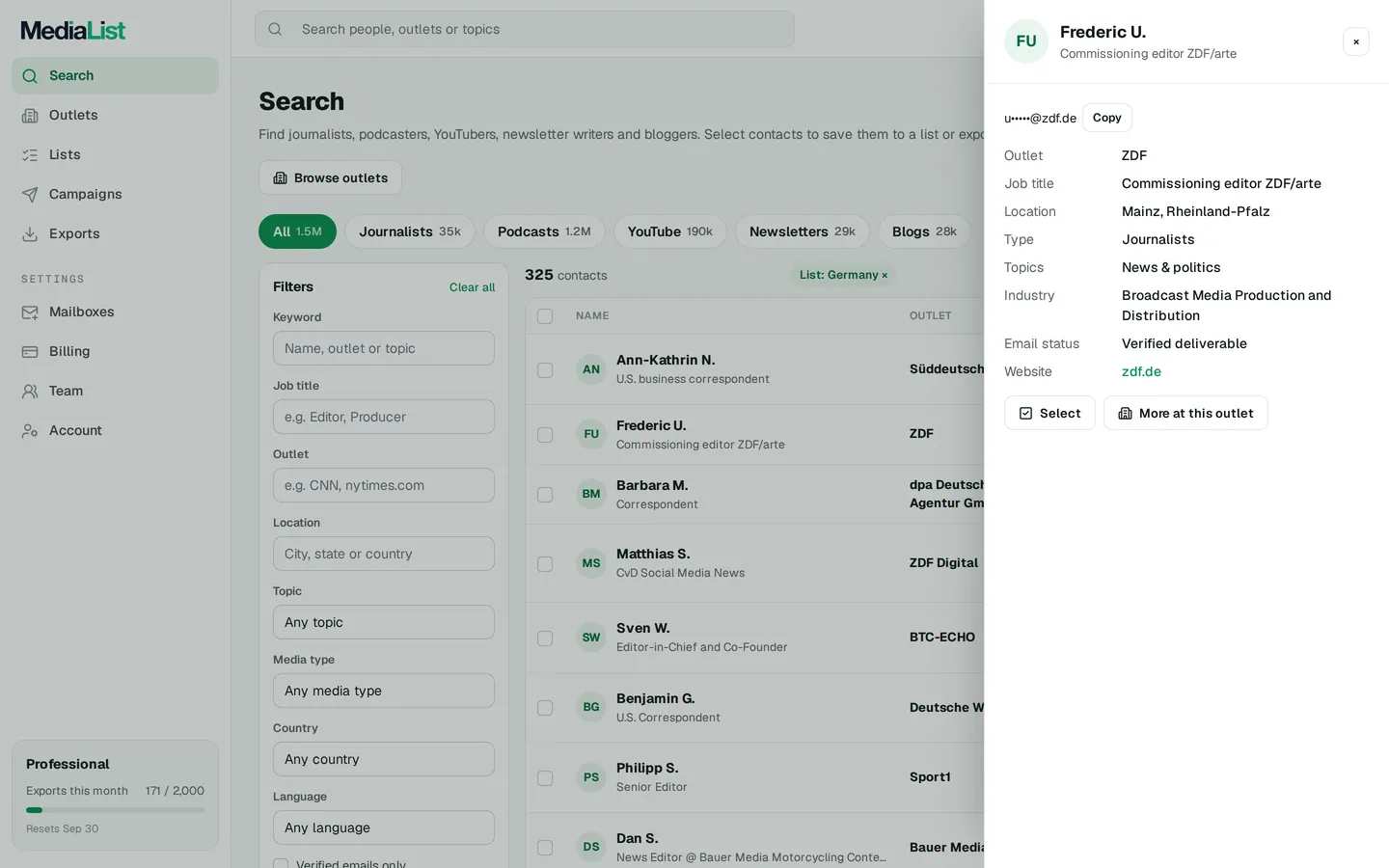 A contact opened in Media List, showing details and an unlocked email