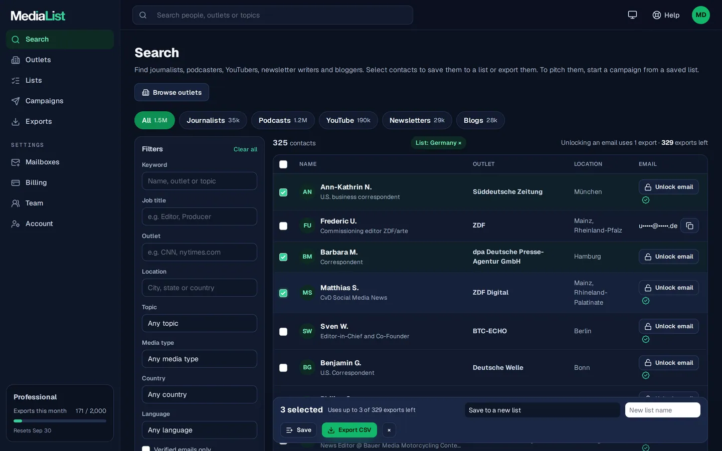 Media List search results with filters, showing contacts and verified emails