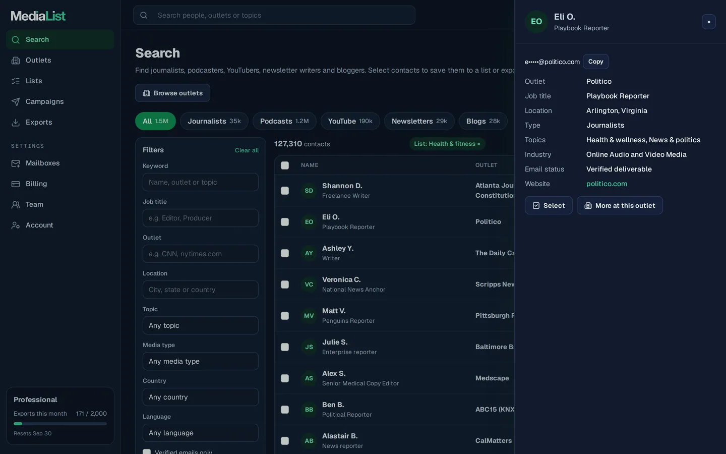 A contact opened in Media List, showing details and an unlocked email