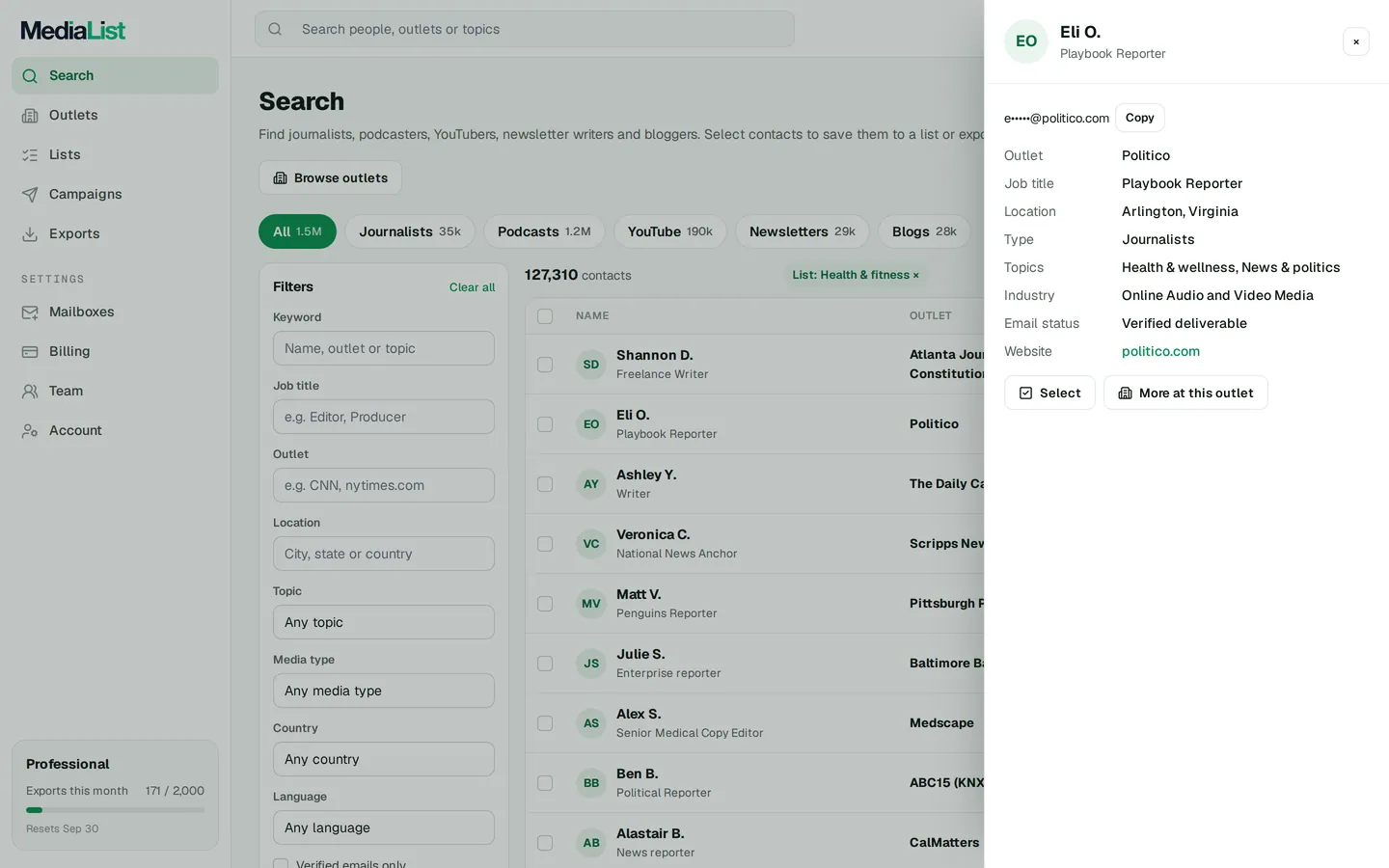 A contact opened in Media List, showing details and an unlocked email