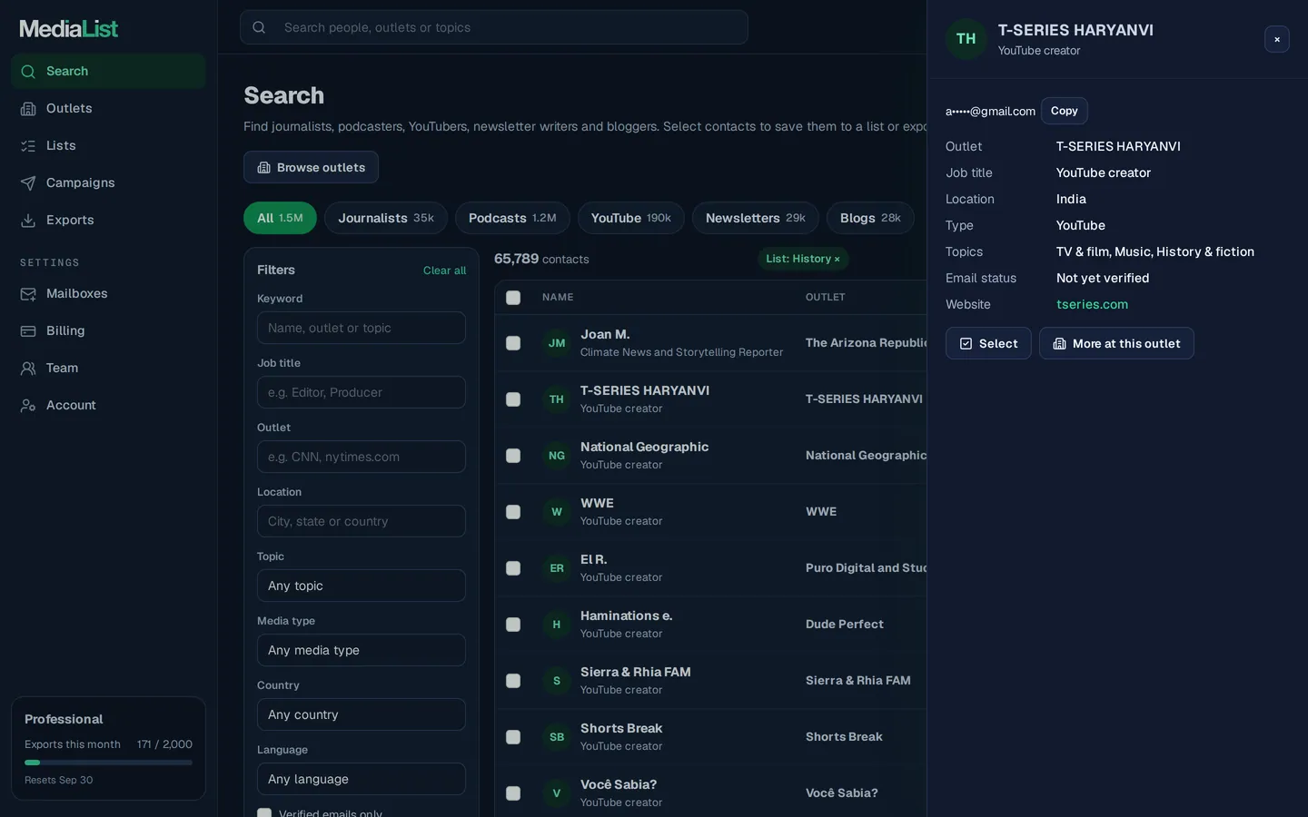 A contact opened in Media List, showing details and an unlocked email