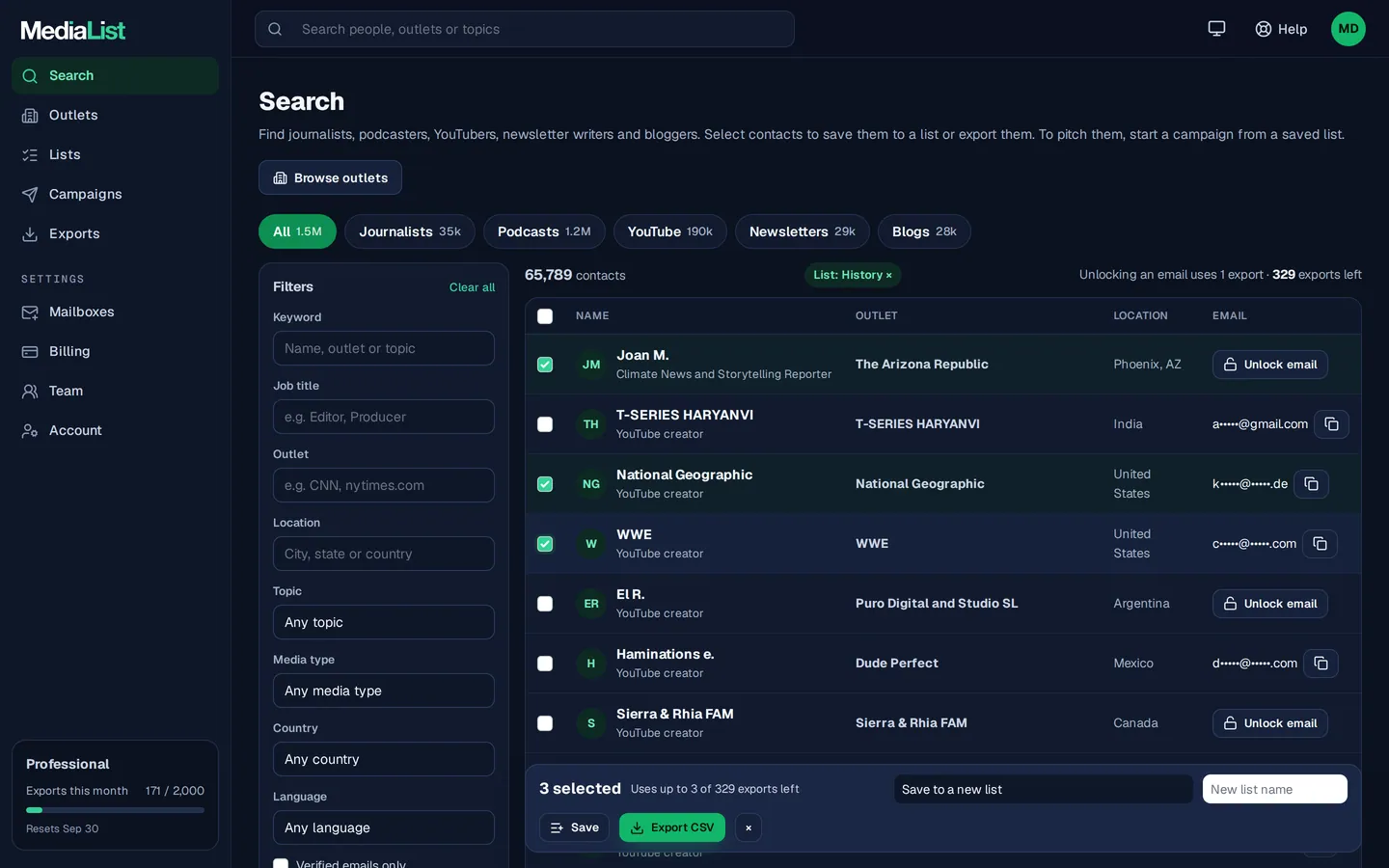 Media List search results with filters, showing contacts and verified emails